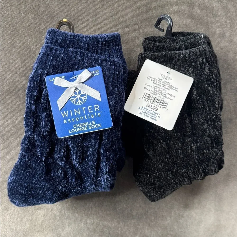 Women’s Winter Essentials Chenille Lounge Socks 1x Navy 1x Black Size 4-10 NEW